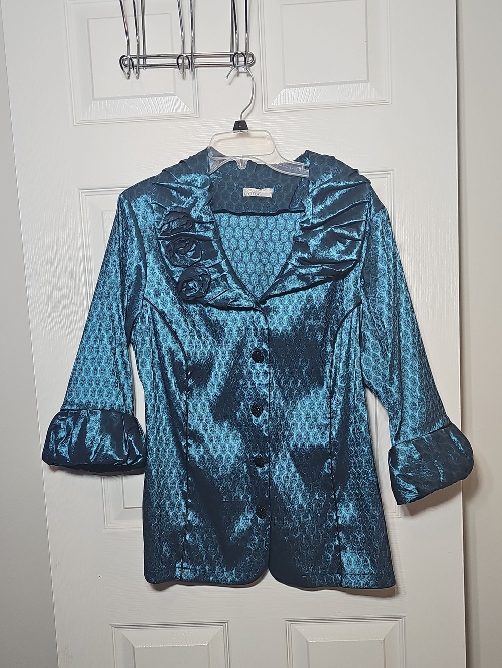 Mona Teal Black Jacquard Rosette Ruched Collar Statement Jacket